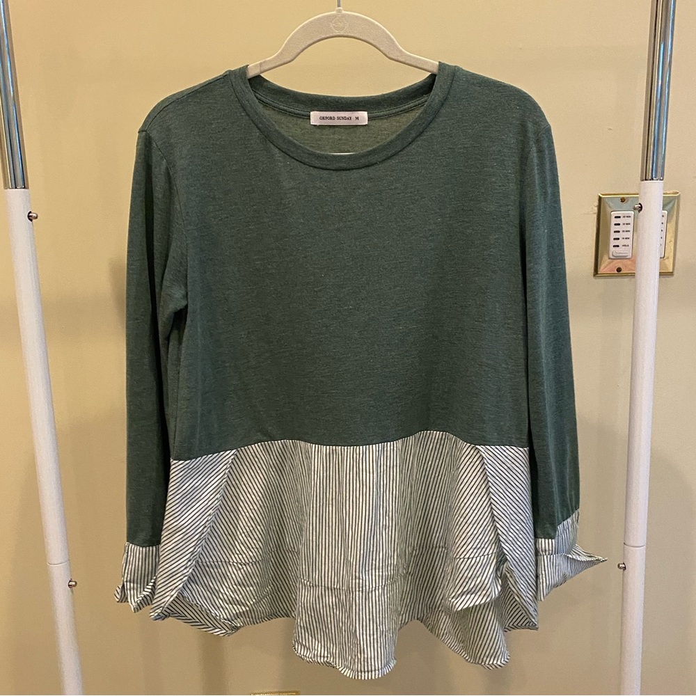 Green Long Sleeve Striped Layered Blouse